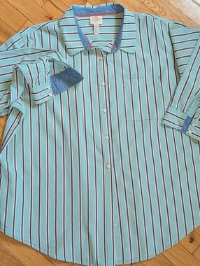 Crisp Cotton Striped Women's Boyfriend Shirt Size XXL In Mint